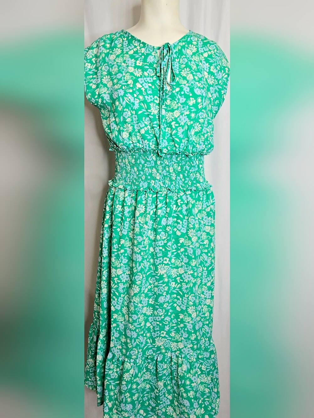 Sienna Sky Green Ditsy Floral Smocked Midi Dress‎ Ruffle Hem Cottagecore S NWOT